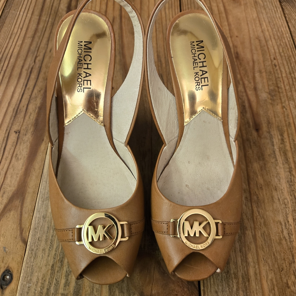 Michael Kors Tan Peep-Toe Slingback Heels